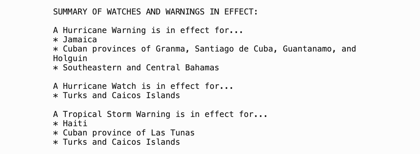 NOAA Hurricane Melissa warnings on October 28